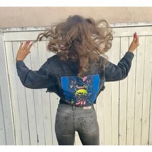311 90s Rock Upcycled Retro Vintage Rhinestone Black Denim Crop Jacket Size S/M